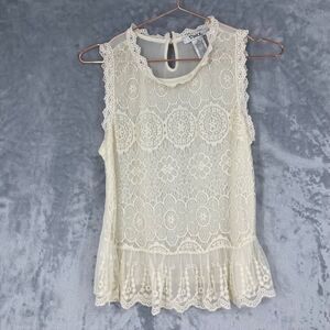 Pinky Top Small Ivory Sheer Mesh Lace Overlay Lined Peplum Hem Sleeveless Dainty